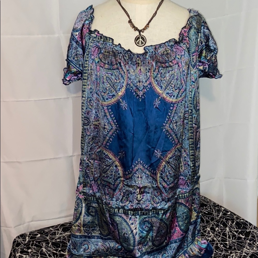 Silky, off shoulder peasant dress blue sz L